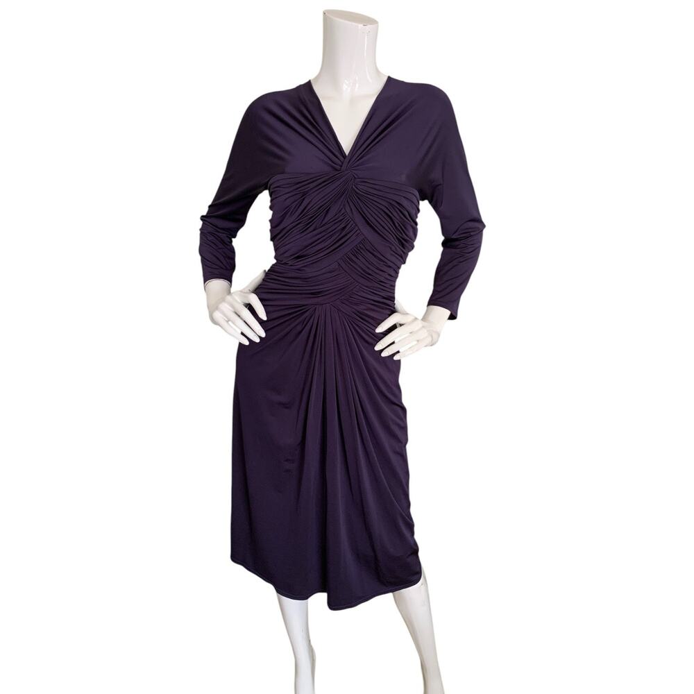 Tadashi Shoji Dress Large Purple Jersey Ruched Draped Pleated Long Sleeve V-neck